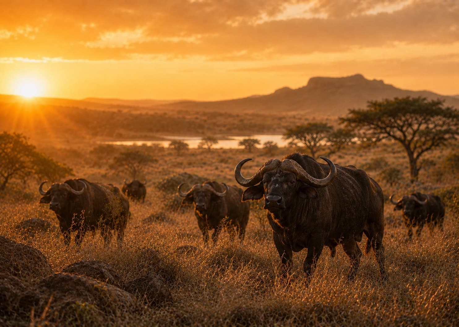 Un troupeau de buffles dans la savane au soleil couchant, celui de tête tourné vers l'objectif