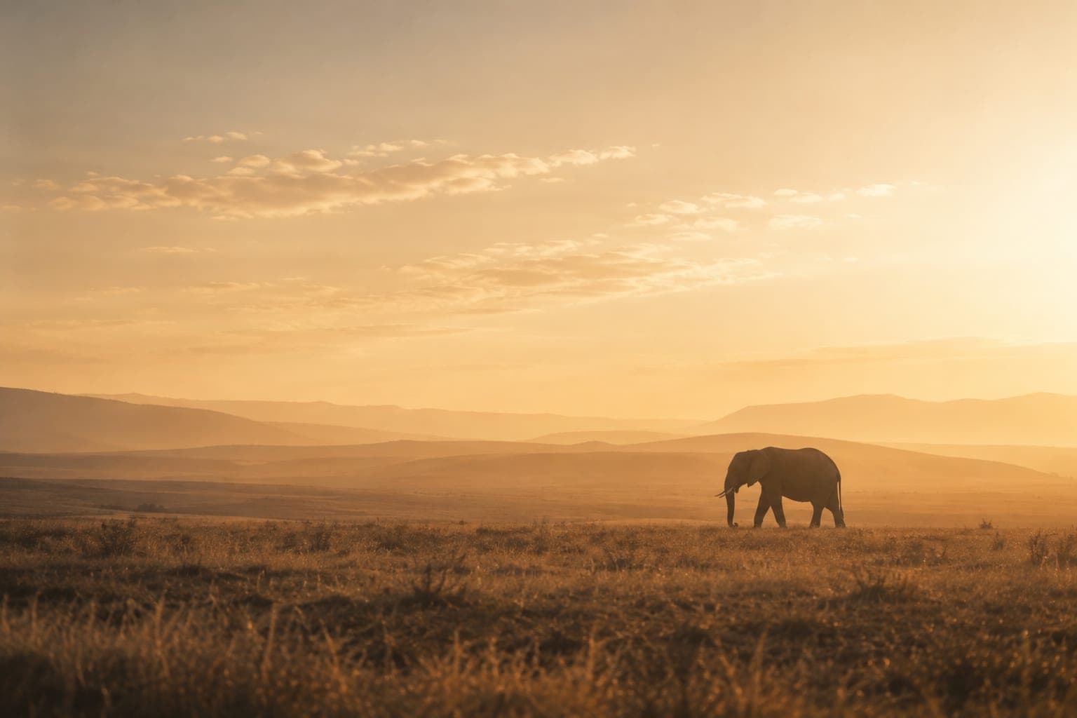 Un éléphant seul traversant une plaine dorée, minuscule sous un ciel immense