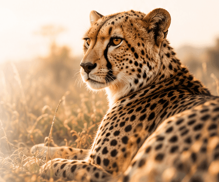 Un guépard couché dans les hautes herbes au lever du jour