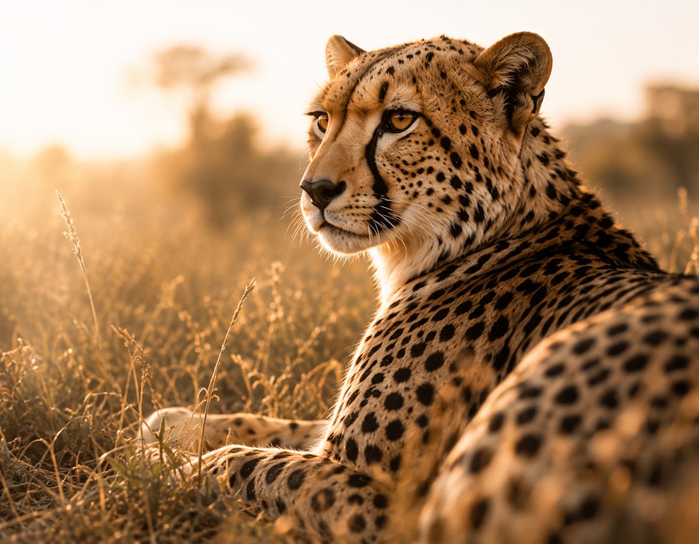 Un guépard couché dans les hautes herbes au soleil couchant, la tête tournée sur le côté