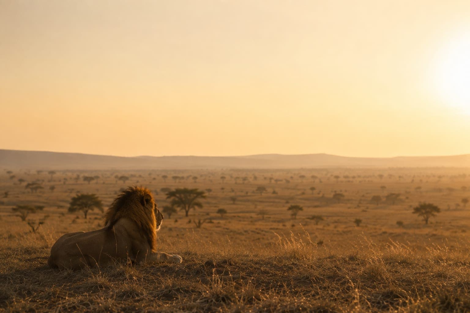 Un lion couché de dos dans la savane, face à un horizon parsemé d’acacias