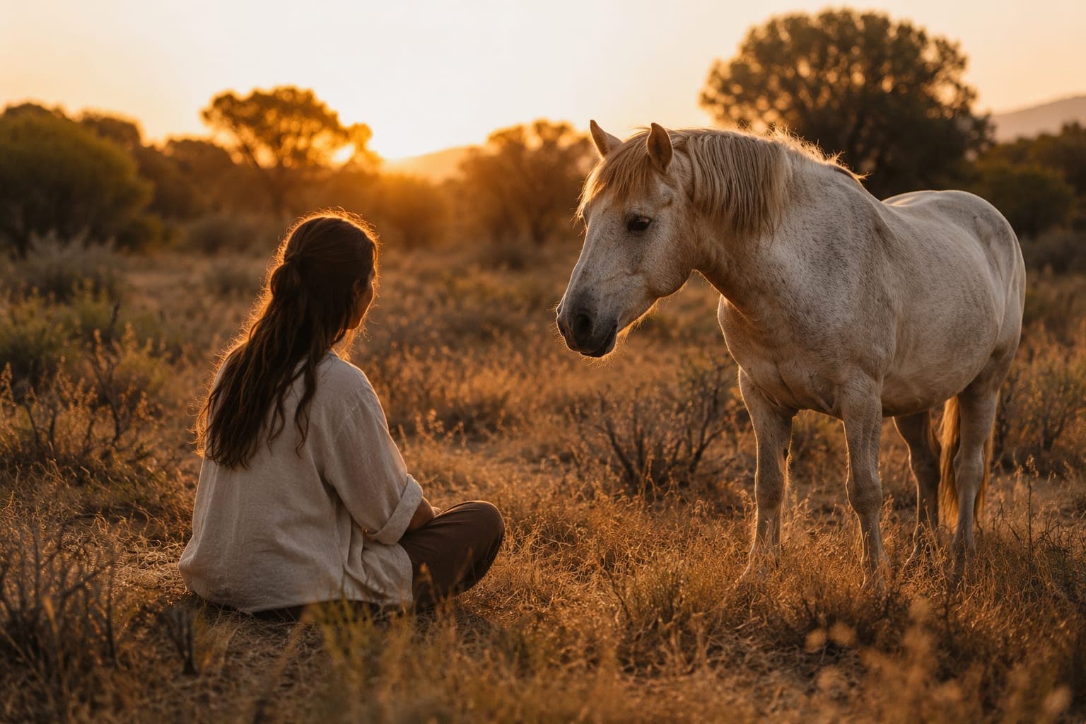 Une femme assise dans les herbes dorées, à quelques mètres d’un cheval blanc qui la regarde
