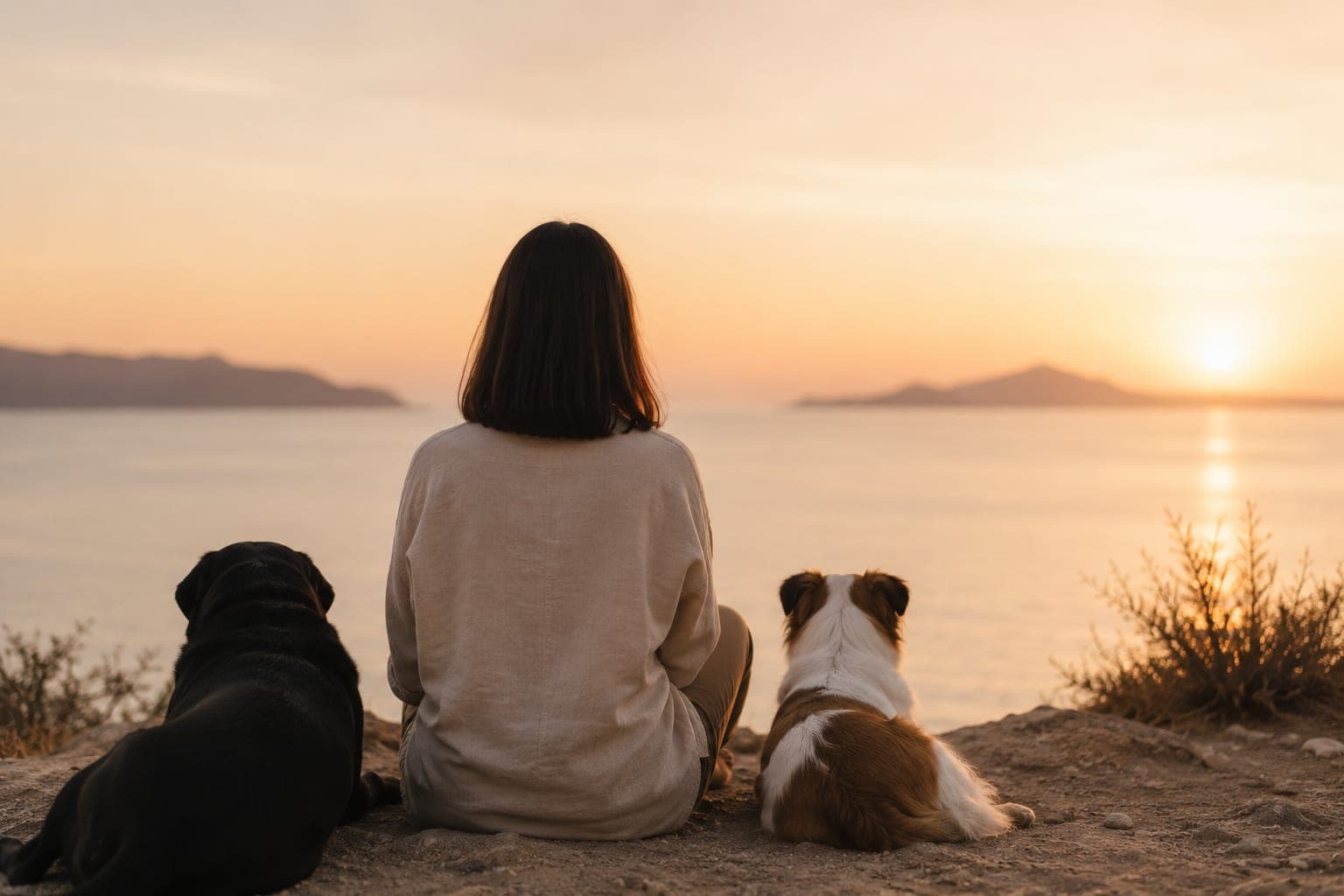 Une femme assise de dos entre deux chiens, face à la mer au soleil couchant