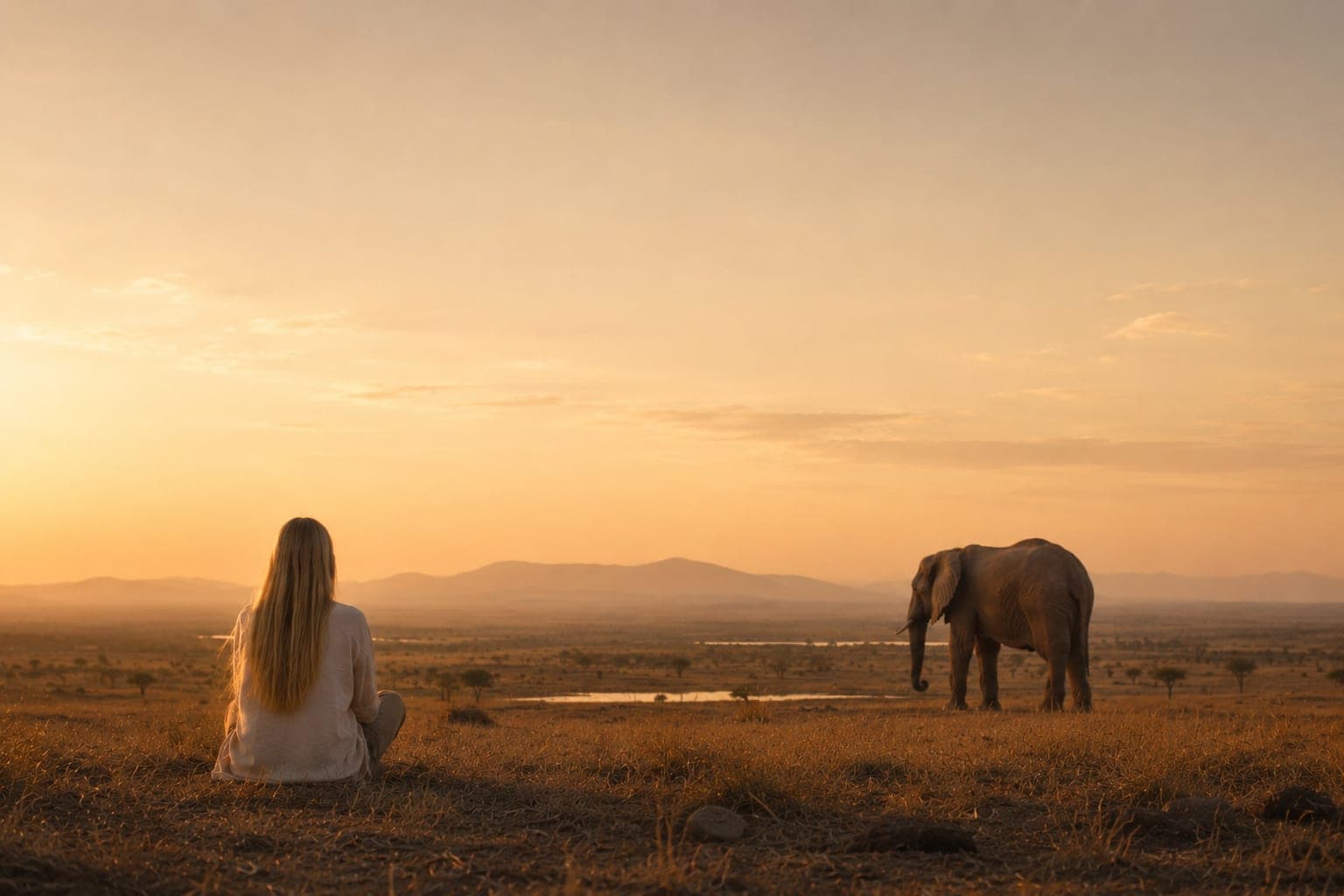 Une femme assise de dos dans la savane au couchant, face à un éléphant immobile à l'autre bout de la plaine
