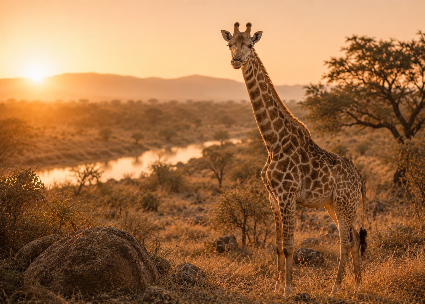 Une girafe debout dans la savane au soleil couchant, une rivière en contrebas